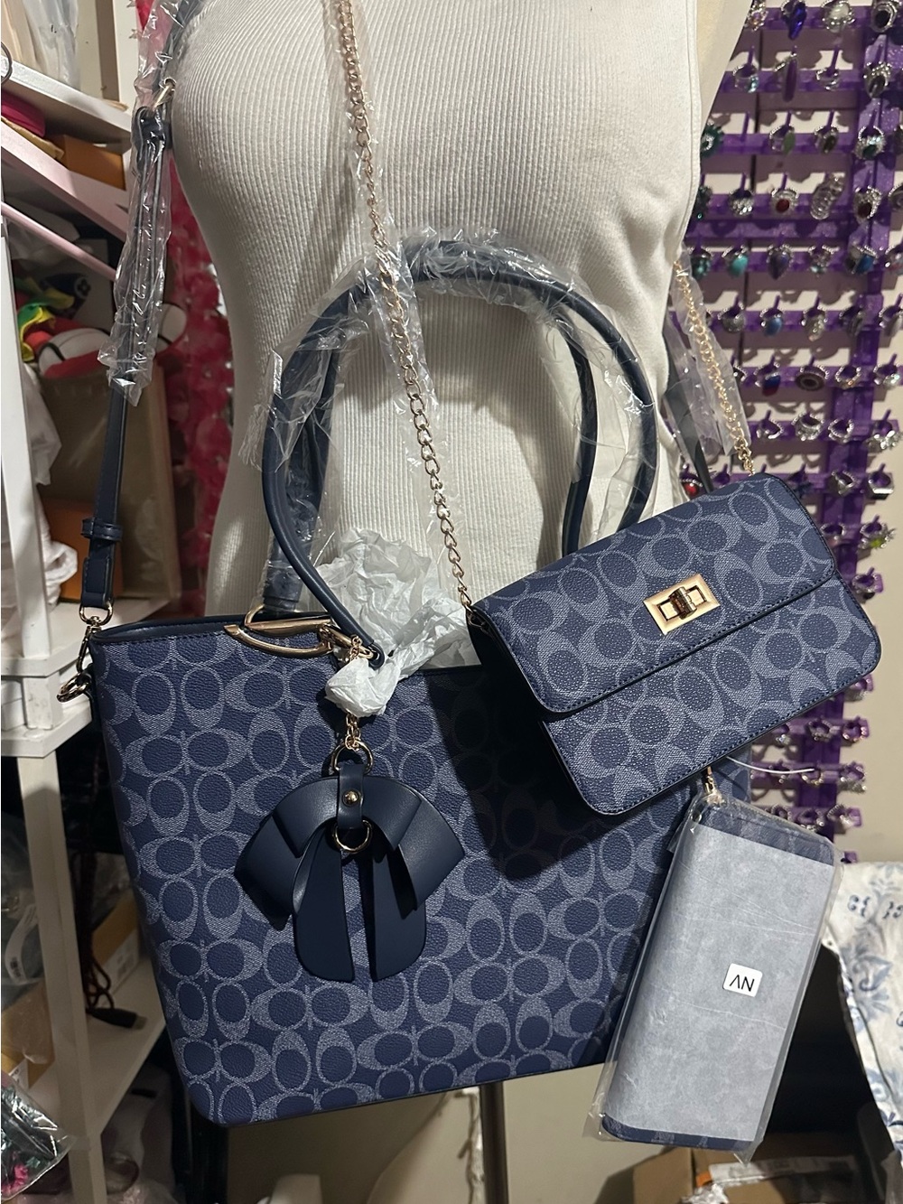 3 PC Stylish Inspired Navy Signature Tote & Crossbody Set with Matching Wallet